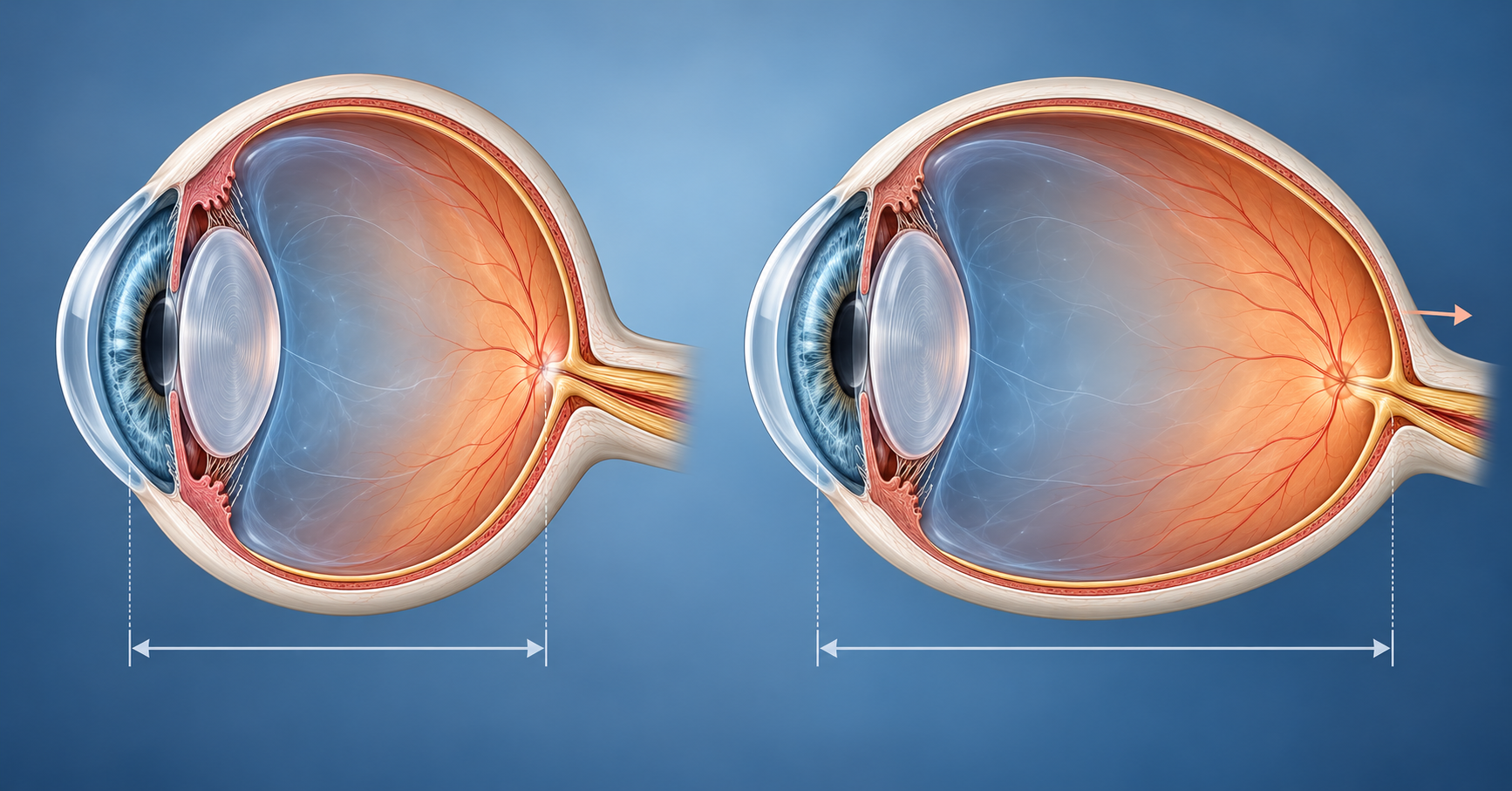 Illustration comparing normal eye length with axial elongation in myopia.